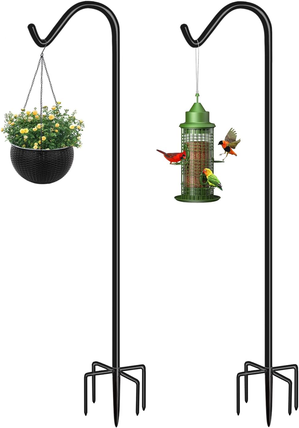 Outdoor Shepherd's Hooks - Eazielife Shepherds Hook for Outdoor Bird Feeders Pole 92 Inch Tall, Adjustable Heavy Duty Garden Hanger Stake Pole with 5 Prong Base, Shiny Black (2 Packs)