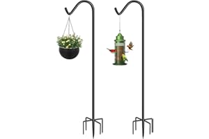 Eazielife Shepherds Hook for Outdoor Bird Feeders Pole 92 Inch Tall, Adjustable Heavy Duty Garden Hanger Stake Pole with 5 Prong Base, Shiny Black (2 Packs)