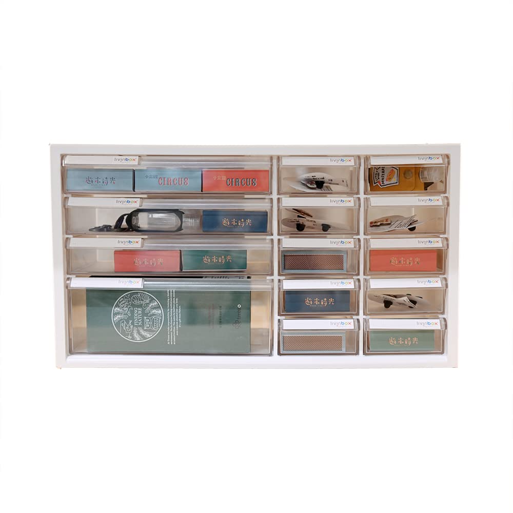 livinbox Desk small parts cabinet with 14 Transparent Drawers for Arts, Crafts & Sewing Supply Storage, Medicine Vitamin Stackable Organizer White A9-1310-WT