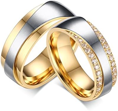 JSFYOU 2PCS Two-Tone Stainless Steel Brush Engagement Rings for Men and Women with Cubic Zirconia Women size 9 &amp; Men size 11