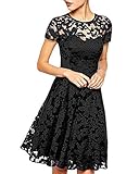 Measoul Women Round Neck Short Sleeve Pleated Lace Mini Party Evening Cocktail Dress