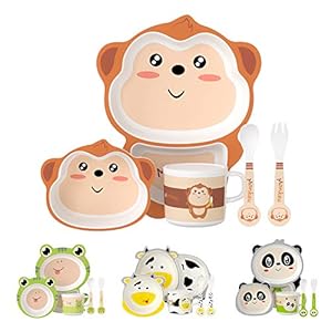 H HOMEWINS 5-Piece Kids Dinner Set Eco-Friendly Bamboo Tableware Includes Plate Bowl Cup Fork Spoon Dishwasher Safe Dinnerware for Baby Children (Monkey)