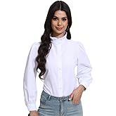 SUNNOW Women's White Button Down Shirt Ruffle Stand Collar Long Sleeve Blouse Business Casual Top