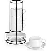 Meichu 2.5oz Espresso Cups Set of 4, Porcelain Stackable Espresso Cups with Saucers and Metal Stand Set, White Expresso Shots Cup Set for Cappuccino, Coffee Drinks, Latte, Tea