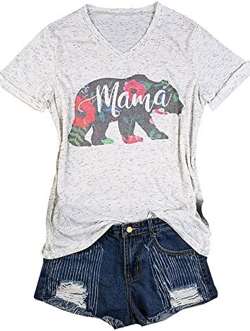 Women's Mama Bear Floral Printed Short Sleeve V-Neck Casual T-Shirt Blouses