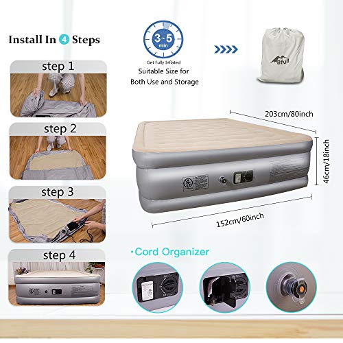 BFULL Air Mattress Thicken Inflatable No Leakage Airbed Portable Air Mattress with Built-in Electric Pump,Durable,Easy to Store and Install,80x60x18in,air Mattress Queen Size,Beige White
