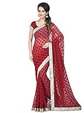 Shonaya Women's Stone Work Georgette Red Half & Half Saree With Unstitched Blouse Piece