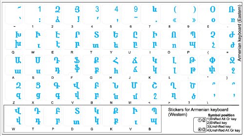 ARMENIAN KEYBOARD STICKERS WITH BLUE LETTERING TRANSPARENT BACKGROUND FOR DESKTOP, LAPTOP AND NOTEBOOK