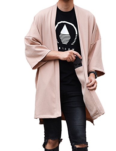LOST IN BKK Men's Long Oversized Kimono Cardigan Noragi Street Jacket Haori Man Yukata Coat (Beige)