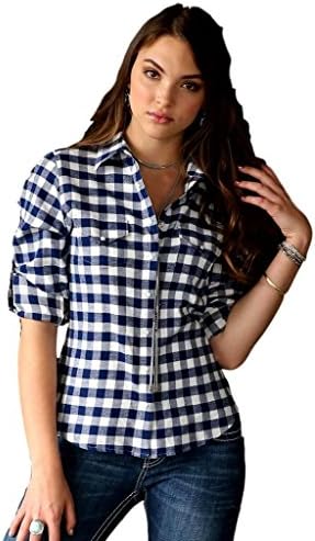 Western Shirt Womens Plaid Long Sleeve M Navy CTW7146001