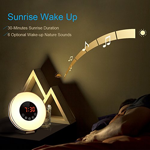 Alarm-ClockWitmoving-Bedside-Sunrise-Simulator-with-Brightness-Automatic-Adjustment-6-Nature-Sounds-FM-RadioWake-Up-LightEasy-Set-Up-via-Touch-ControlPowered-by-USB-Charger-or-Wall-Jack