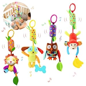 Bloobloomax Baby Soft Hanging Rattle Crinkle Squeaky Dangling Toy Car Seat Stroller Toys with Plush Animal C-Clip Ring…