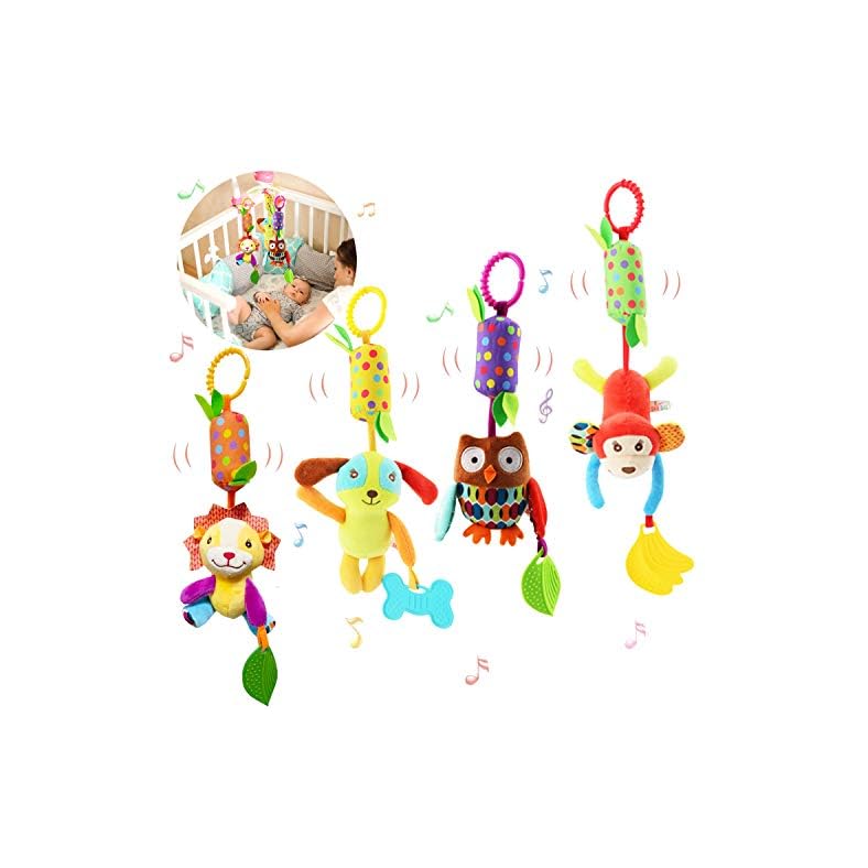 Bloobloomax Baby Soft Hanging Rattle Crinkle Squeaky Dangling Toy Car Seat Stroller Toys with Plush Animal C-Clip Ring…