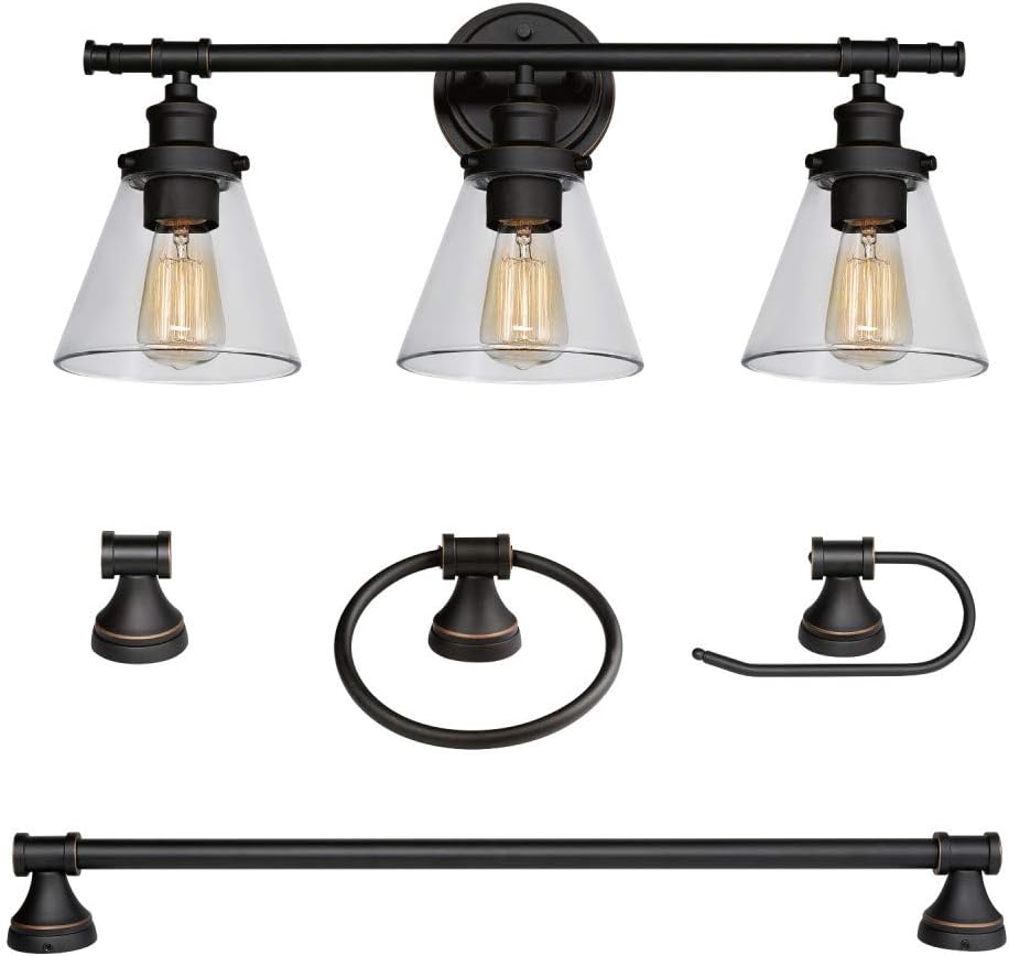 Parker 5-Piece All-in-One Bathroom Set, Oil Rubbed Bronze, 3-Light Vanity Light with Clear Glass Shades, Towel Bar, Towel Ring, Robe Hook, Toilet Paper Holder, 50192 - - 