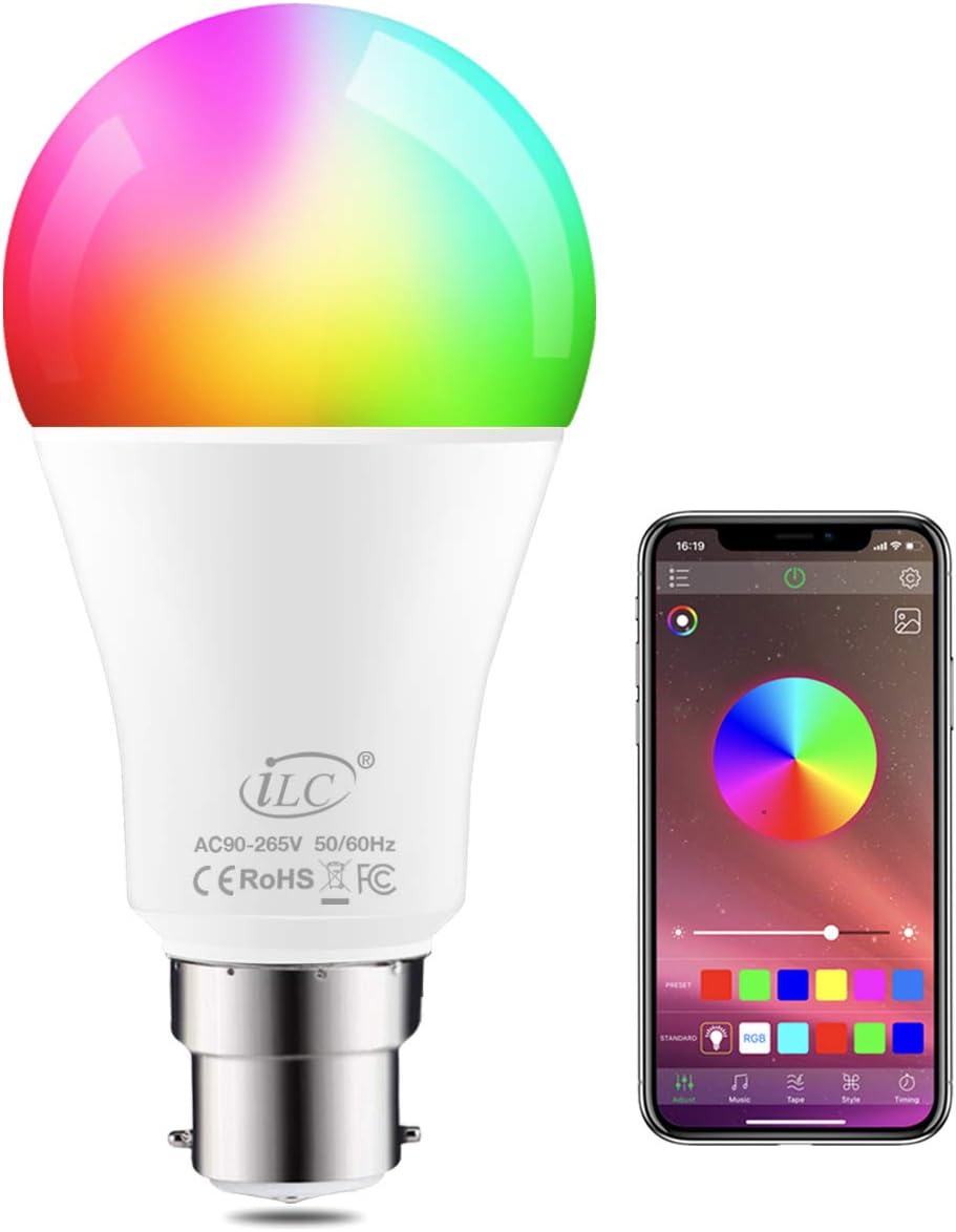 iLC Colour Changing LED Light Bulb B22 10W RGBW Controlled by APP, Sync to Music, Dimmable Multi-Color 60 Watt Equivalent