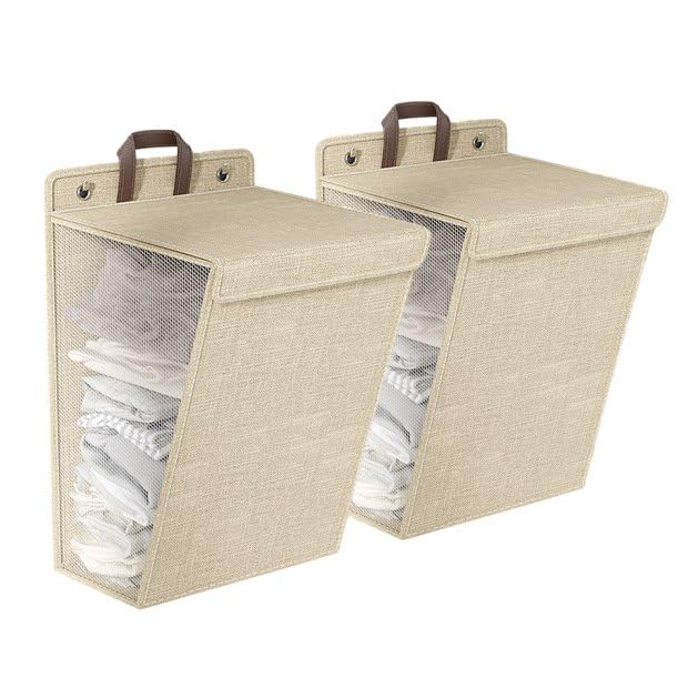 Esoes 2pcs Foldable Laundry Basket, Hanging Laundry Basket, Laundry Basket with Lid with Hook, Saving Space Laundry Bag, Door Hanging Laundry Hamper Bag, Laundry Room-Beige