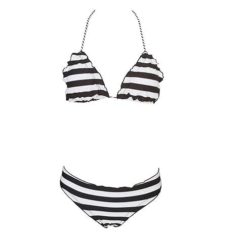 Badeanzug Push up Zweiteiler Swimsuits Bikini-Set Streifen Badeanzug Swimsuit Seitlich Gebunden Bikinihose und Neckholder Bik