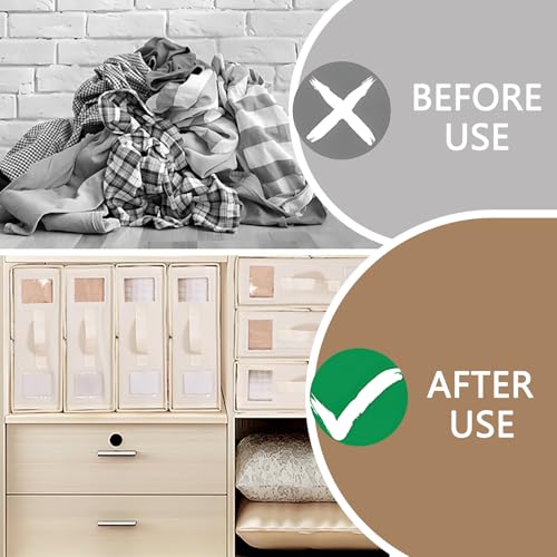 Bed Sheet Storage Box, 4 Pack Linen Organizer Set for Clothes & Duvet, Foldable Closet Bag with Window & Handle, SheetCube Container for Queen & King Size Bedding, السرير شراشف تخزين منظم, (Beige)