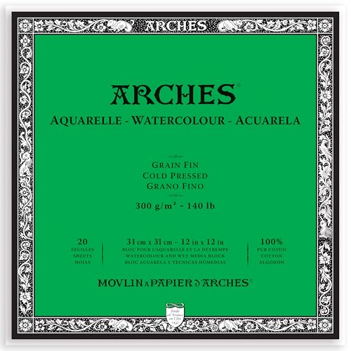 Arches Watercolor Block 12x12-inch Natural White 100% Cotton Paper - 20 Sheets of Watercolor Paper 140 lb Cold Press - Art Paper for Watercolor Gouache Ink Acrylic and More