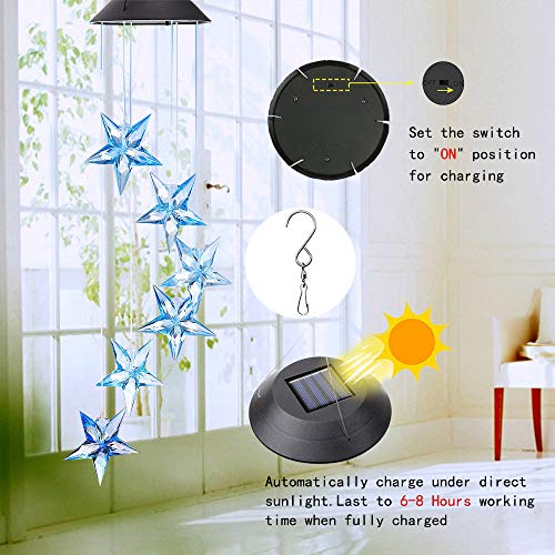 Vinkki Wind Chime Color Changing Solar Light Blue Star LED Wind Chime Wind Mobile Portable Waterproof Outdoor Decorative Romantic Wind Bell Light for Patio Yard Garden Home - Thumbnail 2