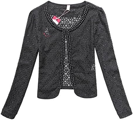 Modekini Women's Pearl Embellished Long Sleeves Floral Lace Jacket Black, US XL