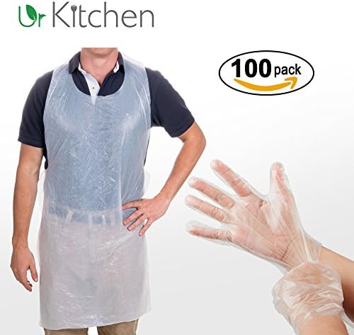 Disposable Apron and Gloves Bundle 100 pairs – Medium Size Food Handling Gloves - 42” x 24” Heavy Weight with Long Ties – Perfect for Cooking Cleaning Art Crafts &amp; Restaurants