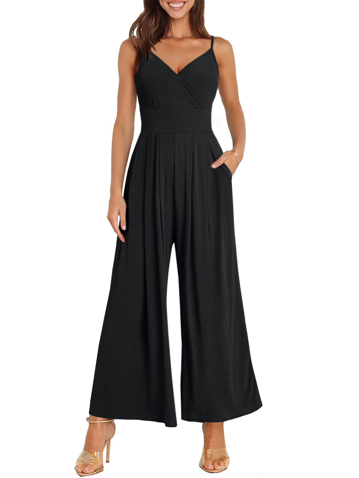Photo 1 of ANRABESS Jumpsuits for Women 2026 Summer Dressy Spaghetti Strap Ribbed V Neck Wide Leg Overalls Flowy Romper Jumpers Outfits Black Small