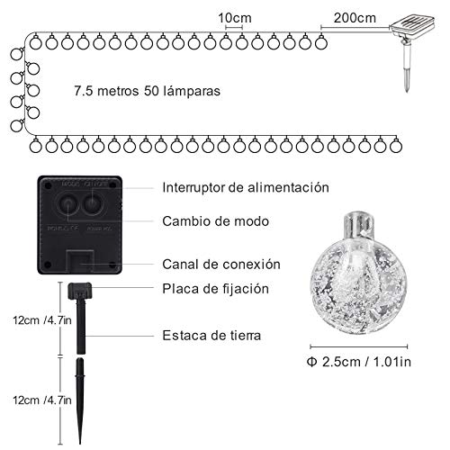 bedee Luces de Cuerda Solar 50 LED 7 Metros Luces solares de Patio con 8 Modos, Luces de Cuerda de Bola de Cristal Impermeable IP65 para Patio, Fiesta, Boda, decoración de Navidad (Blanco cálido)