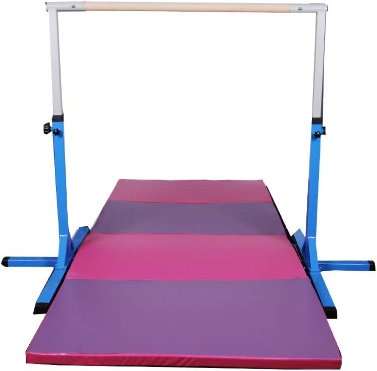 Polar Aurora Gym Gymnastics Training Bar AdjustaPIe Height Horizontal Bar Sturdy Gymnastic for Kids with 4' x 10' Gymnastic Mat Set