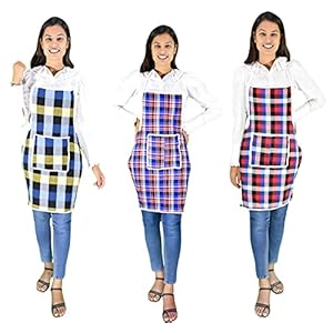 GLUN® Cotton Kitchen Multi Colour Apron with Front Pocket – Set of 3(Color and Design May Vary)