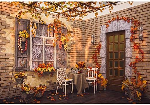Dashan 7x5フィート ポリエステル 素朴 秋 ヤード メープルリーフ トウモロコシ ひまわり 背景 感謝祭 テーマ 収穫 パーティー 写真撮影 子供 大人 ポートレート 写真小道具