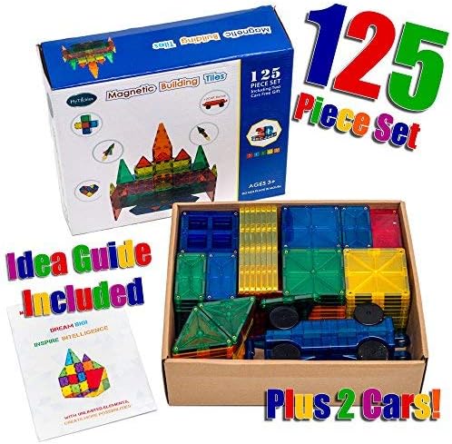 MyTickles 3D Magnetic Clear Tiles for Kids (125 PCS) 123 Magnetic Tiles with 2 Free Cars Set