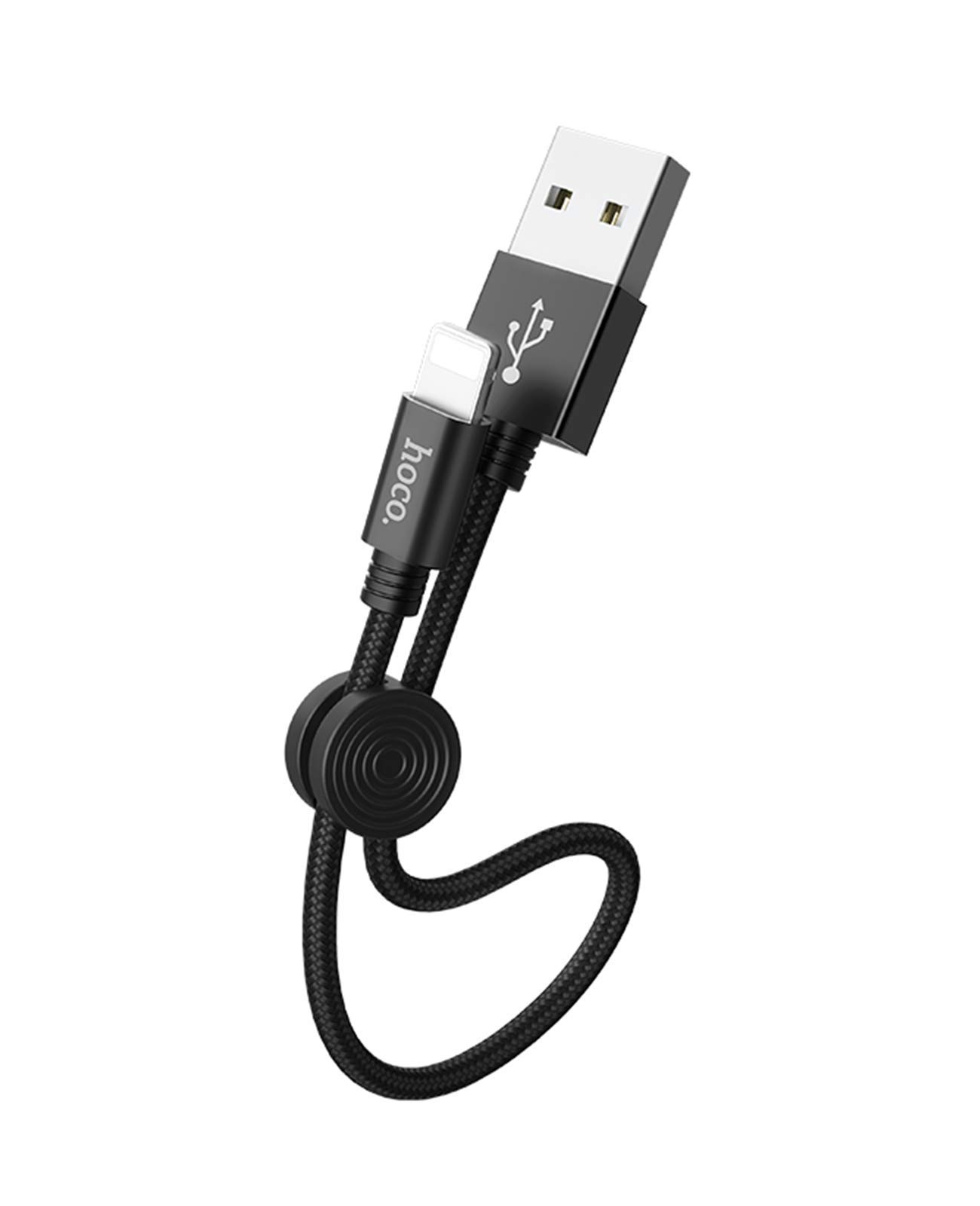 HOCO 25cm CE Certified Fast Charging Cable - Short Round Clip for Long Term Use, Supports Data & Apple CarPlay - Compatible with iPhone 14/13/12/11/Pro/Max/XS/8/7 - Black
