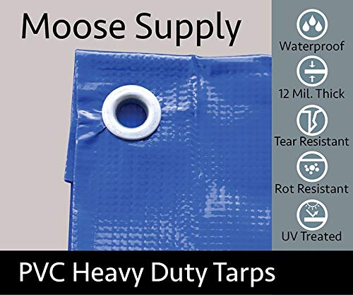 12-Foot by 16-Foot Multi-Purpose 100% Waterproof Blue Heavy Duty PVC Vinyl Tarp Cover 12 Mil Thickness for Inflatables, Tents, and Weather Protection