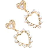 Gold Plated Heart Pearl Earrings for Women, Romantic Drop Dangle Earrings with Rhinestones, Cute Y2K Statement Jewelry Gift