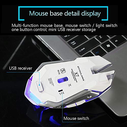 Rechargeable Wireless Mouse Silent 1600DPI 6 Buttons Breathing Blacklit Led Ergonomic Shape with AutoFire Keys (White)