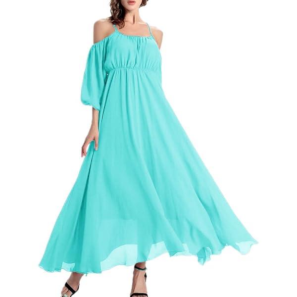 LILBETTER Women's Off Shoulder Ruffle Maxi Dress With Side Split - Rayon/Spandex, White, Medium