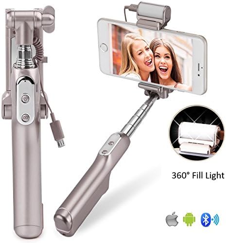 Selfie Stick, Elftear Wireless Bluetooth Selfie Stick Extendable Foldable Monopod with Adjustable 360°Fill Light Rear Mirror for iPhone Android Phone (Gold)