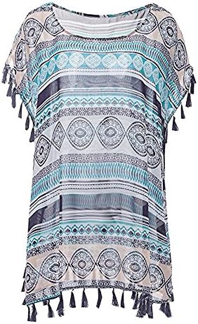 Women's Classic Striped Tassel Chiffon Bikini Swimwear Cover Up Swim Beach Wear (Blue)