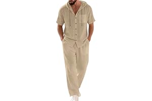 Mens Summer Track Suits Two Pieces Short Sleeve with Pants Cotton Linen Comfortable Beach Vacation Outfits mens linen suit Kh