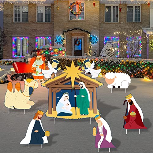 Fovths 9 Pieces Nativity Outdoor Christmas Decorations Religious Manger Scene Yard Sign with