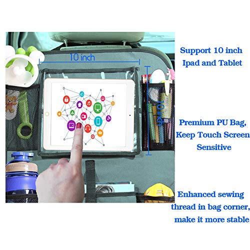 Car Backseat Organizer with 10'' iPad Tablet Holder + 5 Storage Pockets for Bottle Toys Book Drink, Auto Seat Back Protector Kick Mats, Universal Fit Travel Accessories for Kids & Toddlers Gray 2 Pack - Thumbnail 5