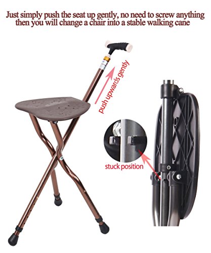 Best Health Cane Seat Stool Retractable Lightweight Walking Stick with LED Light for Elderly Outdoor Travel Rest Stool Folding Chair Replacement Large Golf Seat Large Weight Capacity (brown cane seat)