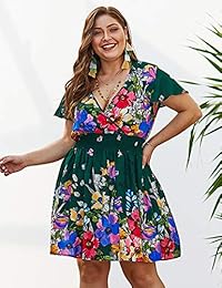 YUMDO Vestido de verano con cuello en V y manga corta, diseño floral, talla pequeña