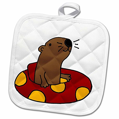 3D Rose Funny Otter is Floating Red and Yellow Inner Tube Pot Holder, 8 x 8