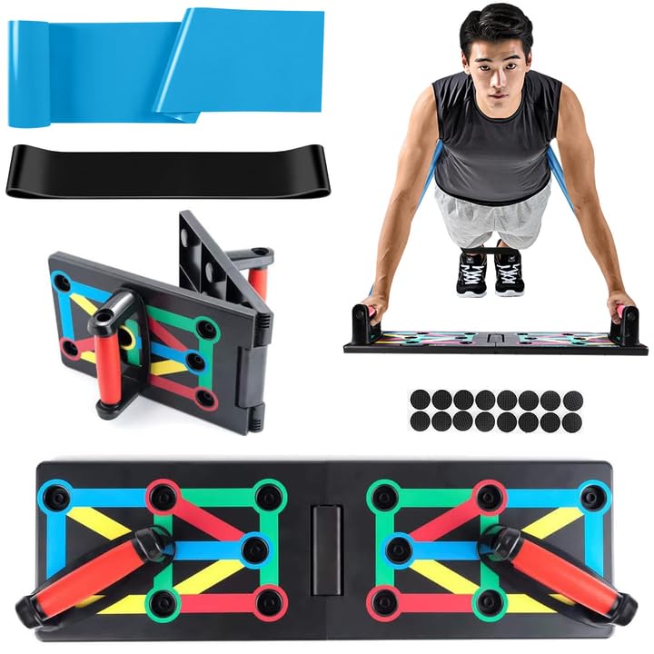 12-in-1 Foldable Push Up Board - Multifunctional Press Up Board with Resistance Bands for Home Workouts Exercise with Anti-Slip Stickers - Color Coded Smart Pushup Board for Men & Women