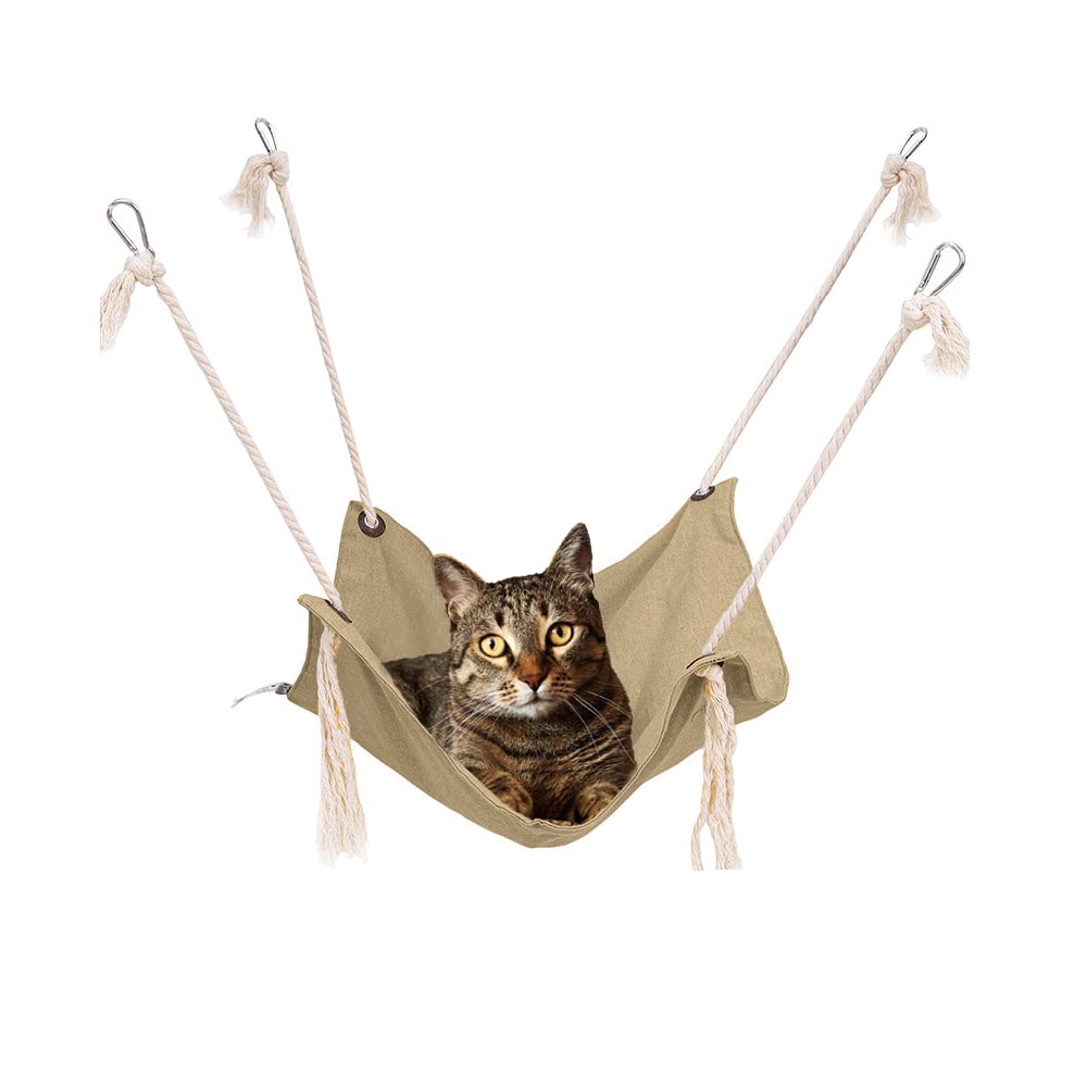 Breathable Pet Cage Hammock - Cat Hanging Bed with Metal Carabiners and Tassels, Suitable for Kittens, Rabbits, Small Dogs (Khaki)