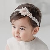 Kenjudess Baby Girl Headband White Lace Hairband Elastics Flower Head Wrap Hair Accessories Gift for Newborn Infant Toddlers Kids Baptism Shower Gift Birthday Wedding Party (Style 6)
