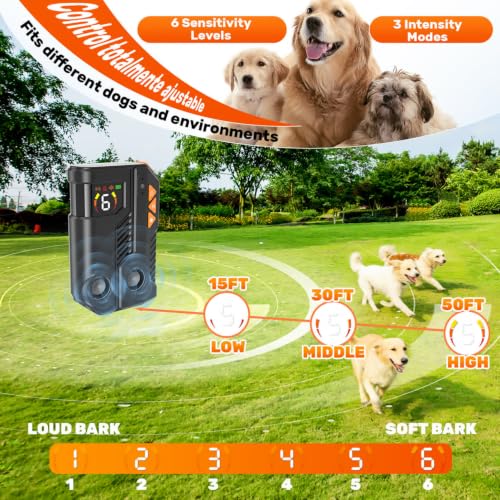 Dog Barking Deterrent Device with AI Detection IPX6 Rechargeable 6x3 Levels | AI Detection 2 Enhanced Emitters 6 Sensitivity 3 Intensity 4 Modes IPX6 Rechargeable 2200mAh Up to 60 Days 15M Range