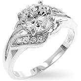 Pure Ziva Bypass CZ Cubic Zirconia Prong Set Round Brilliant Engagement Ring, Rhodium Plated Alloy